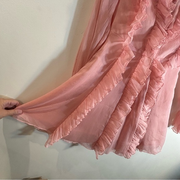 L'ATISTE Sz S Blush Pink Sheer Dress with Ruffles And Balloon Sleeves Lined Ties - Picture 6 of 11